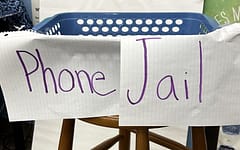 Phone jail in Rebekah Leonardys classroom for students using their phone in class. 