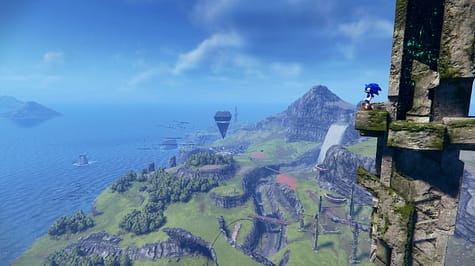 Sonic on a tower look down on an island