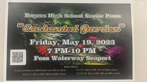 A poster describing the start time and ticket prices for Rogers senior prom 2023.