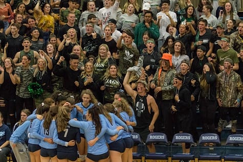 The Emerald Ridge cheering section made plenty of noise behind the Rogers bench at the Queen of the Hill contest on Sept. 26, 2018.