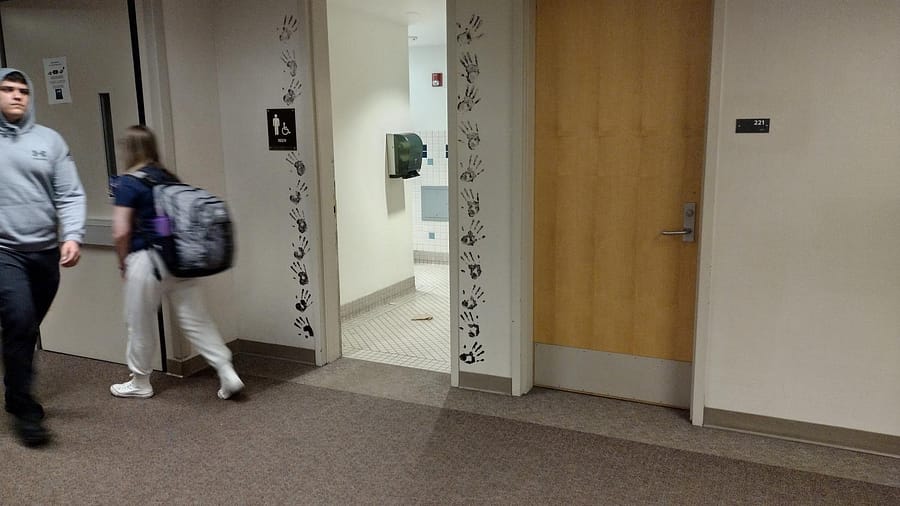 A picture of the bathroom where the raccoon was found, the boys bathroom in the c-building upstairs.