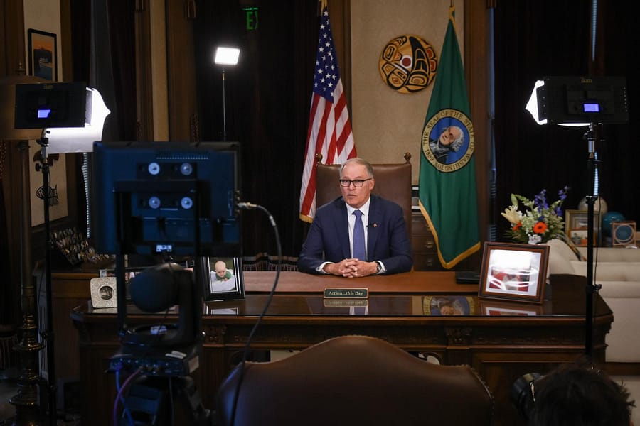 Washington State Gov. Jay Inslee delivers an address on March 23, 2020. (Photo from the official Washington State Office of the Governor)