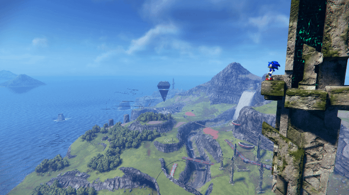 Sonic on a tower look down on an island